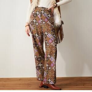 Cider Brown Floral High Waist Straight Leg Pants XS (25x28.5) 70s Boho Retro